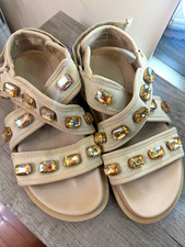 Women's Beige Leather Strappy Sandals Rhinestone Ankle Strap Hook  Loop