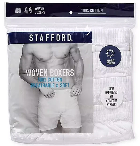 Stafford 4 Pack Men s 100 Cotton Woven Boxer Shorts White eBay