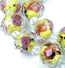 14 Czech Glass Faceted Rondelle Beads - Yellow Encased Rose Flower 12x8mm