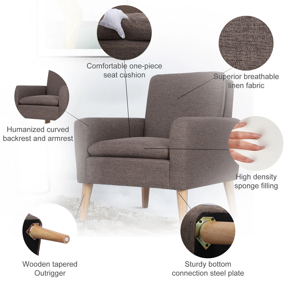 Sofá individual tapizado de lino con patas de madera para sala de estar reposabrazos sofá Foto 3 de 4