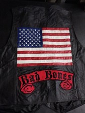 U. S. A . Leather Black Biker Motorcycle Vest With pins and patches Men's 2 XL