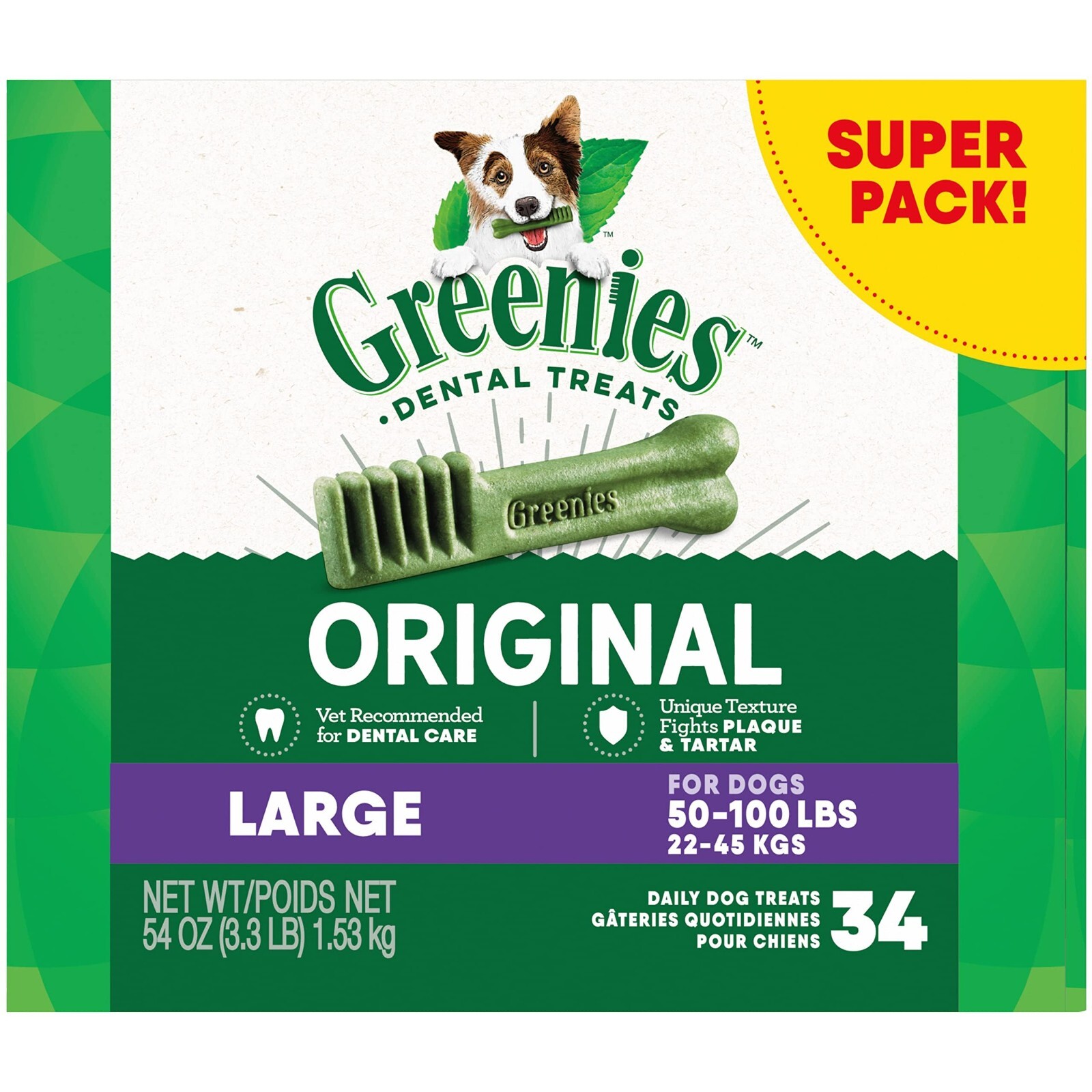 Greenies Original Large Natural Dental Care Dog Treats, 54 oz. Pack (34 Treats)