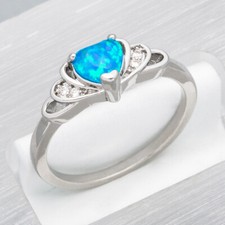 6x6 Heart Ocean Blue Fire Opal Silver Jewelry Women Friendship Ring Size 6 7 8 9
