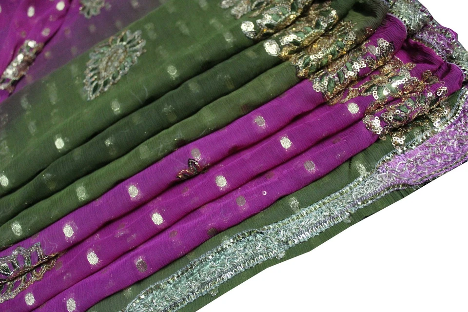 Bufanda vintage Dupatta hiyab magenta, verde SOMBRA LENTEJUELAS GEORGETTE velo estola   Foto 2 de 4