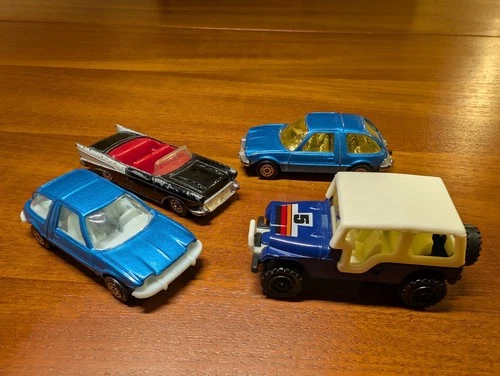 Vintage Corgi Juniors model cars,  AMC Pacer, 57 Chevy convertible, Jeep