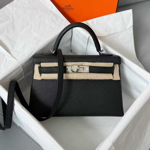 AUTH Hermès Kelly II Mini Black Epsom Leather PHW Top Handle Shoulder Bag