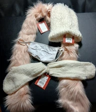 New With Tag White Mask& Mossimo Knit Arm Warmer,White Knited Hat,Pink Fur Scarf