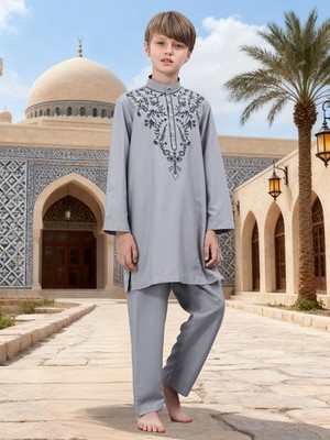 2 Piece Embroidery Blouse Top Pants Kaftan Jubba Dishdasha for Muslim Boy Kids