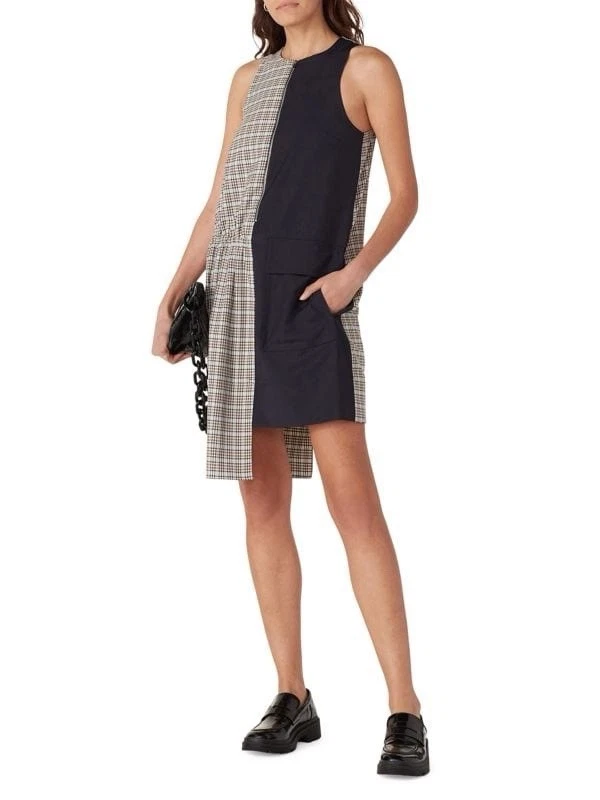 Vestido Tibi Sana Cuadros Cuadros Bloques de Color Sin Mangas Asimétrico Azul Marino Tostado Talla 10 d1 Foto 4 de 4