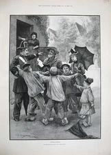 Original Old Antique Print 1889 Fine Art Tourists Children Town Street People