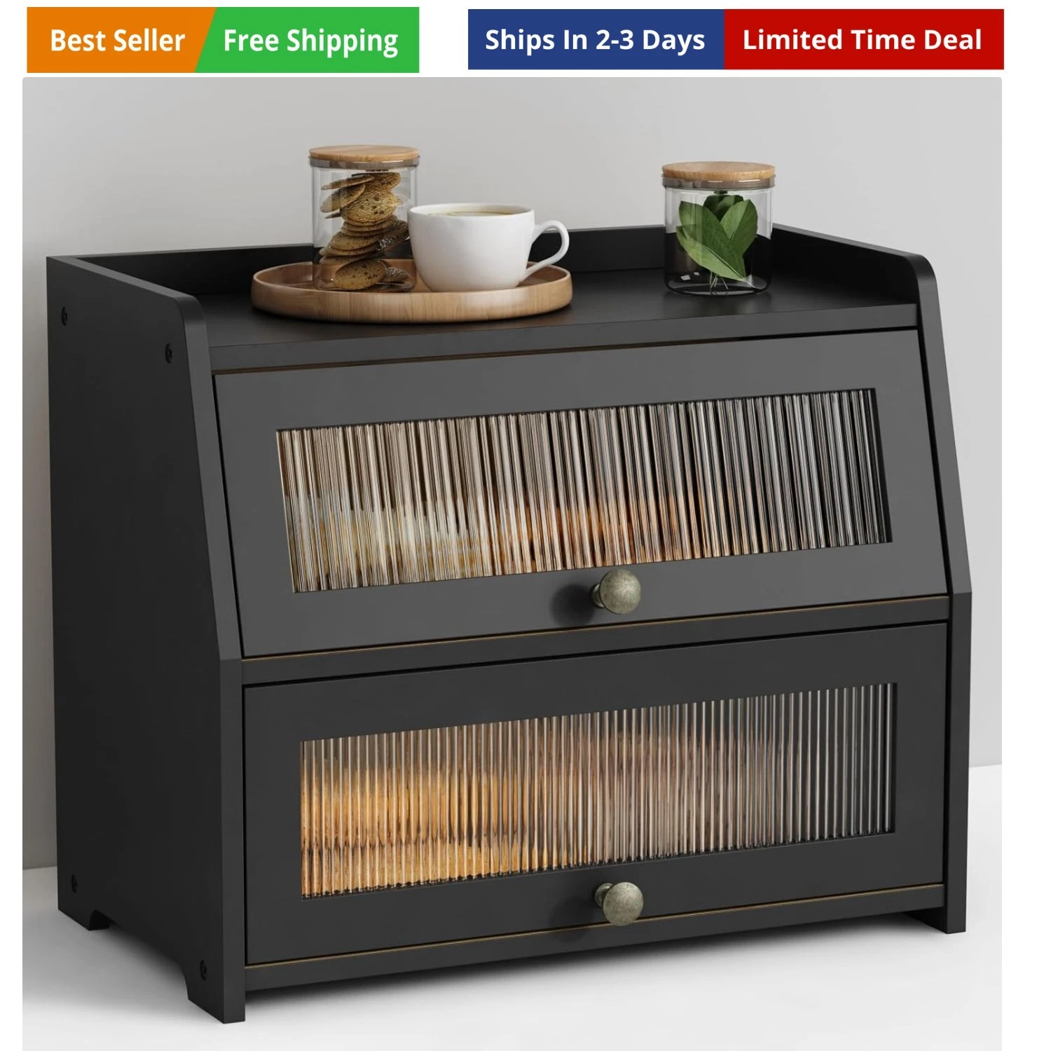 Large Bread Box for Kitchen Countertop, Black Bread Storage Container for Hom...