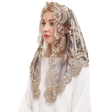 Spanish Embroidery Lace Veil for Church, Chapel, Mass - Black  Gold, 120x60cm