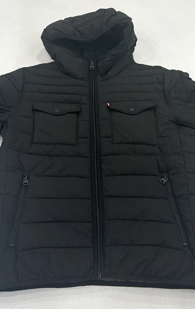 Levi's Men's Full Zip Water Resistant Lightweight Hooded Puffer Jacket, Black, S