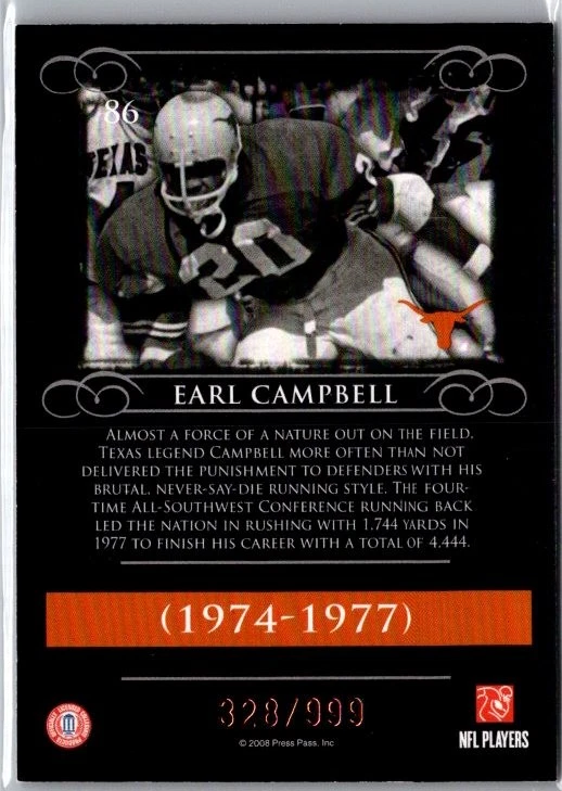 2008 Press Pass Legends #86 Earl Campbell Bronze #/999 - Image 2 of 2