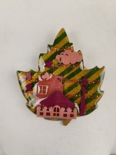 Vintage House Pins by LUCINDA leaf shaped BROOCH fall windy leaves lamp post