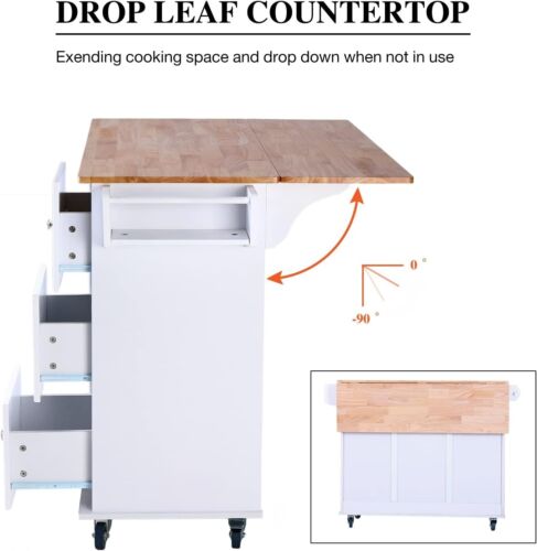 Drop-Leaf Kitchen Island Trolley Cart Wood Storage Cabinet w/ Drawers/Towel Rack - Picture 5 of 8