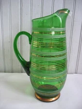 Vtg barware 60 oz Green striped glass 10" pitcher Crystalex? Bohemian