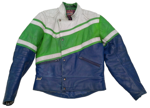 SCOTT VNTG 80s BRITISH MADE SKY BLUE NAVY & WHITE LEATHERS BIKER JACKET UK 40/42 - Picture 5 of 14