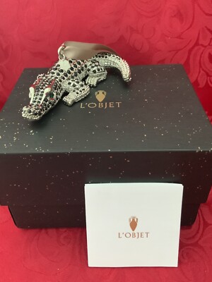 NIB NEW FLAWLESS Silver L OBJET Swarovski ALLIGATOR CROCODILE Christmas ORNAMENT