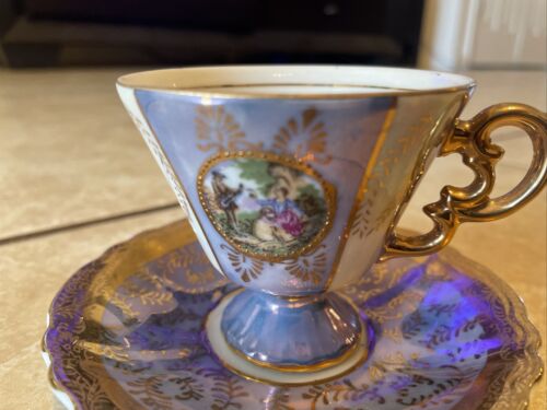 Piattino tazza tè vintage blu oro raro vittoriano corteggiamento coppia Fragonard 11/275 - Foto 2 di 7