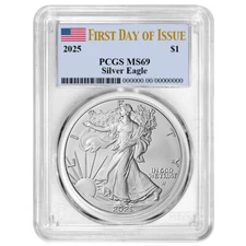 2025 $1 American Silver Eagle PCGS MS69 FDOI Flag Label