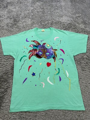 Vtg Mardi Gras Shirt Adult XL Teal Mascaraed Mask New Orleans Festival Made USA