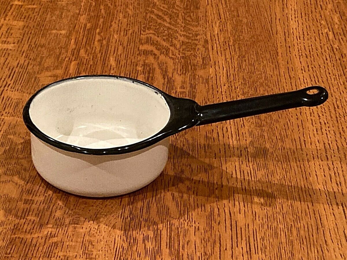 Vintage Black & White Enamelware Saucepan / Small Enamel Pot with Pour Spout