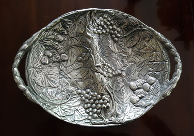 Very Large Metal RWP Style Armetal  Divided Oval Dish w Fruit/Grape Design