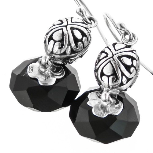 925 Sterling Silver Sale! Bali Cast Handmade Onyx Sterling Earrings, 1" - Picture 2 of 3