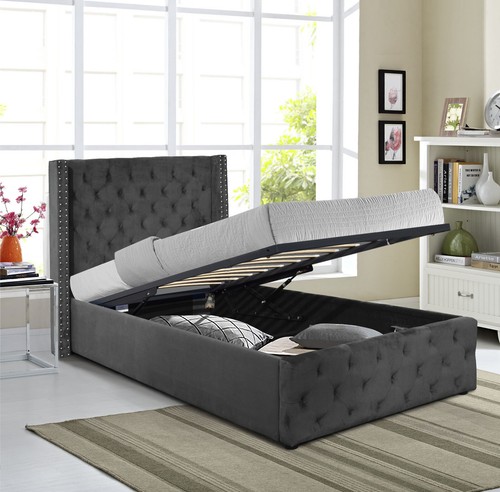 Winged Plush Velvet Fabric Ottoman Gas Lift Up Storage Bed Frame with Headboard - Picture 7 of 12