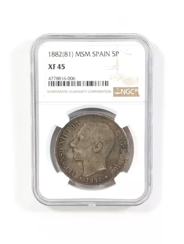 1882 Spain 5 Pesetas NGC XF45 Alfonso XII Silver España 