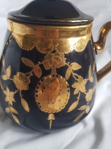 Cobalt Blue Teapot with hand Painted Gold Leaf Design, - Picture 2 of 6
