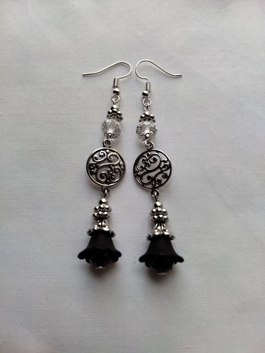 Black Lucite Flower Crystal Glass Beaded Earrings Silver Tone Filigree Boho Chic - Picture 10 of 14