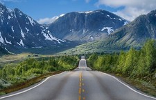 Landscape nature road mountains trees snow shrubs summer Custom Gaming Mat Desk
