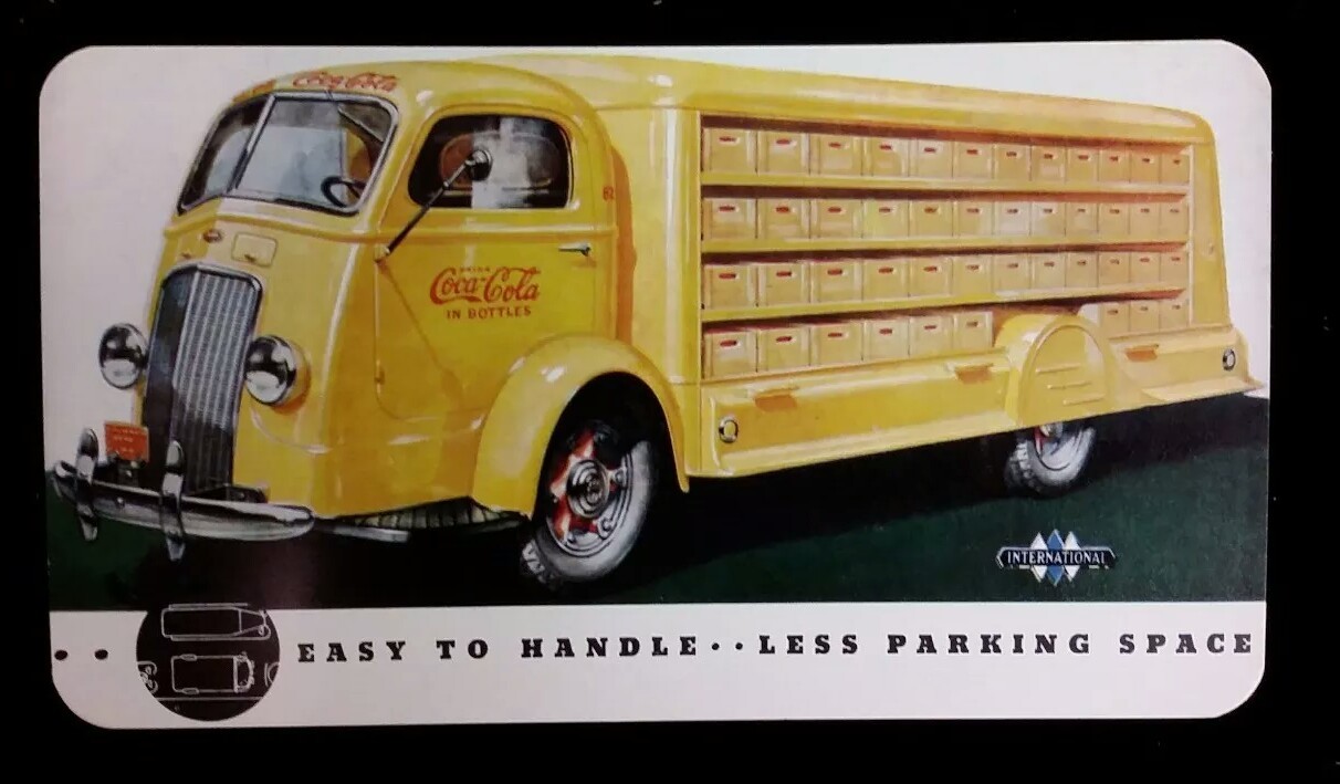 International Harvester Trucks & Coca-Cola Advertising Yellow Postcard 1930's