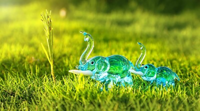 H&D HYALINE & DORA 2pcs Hand Blown Glass Elephant Figurines 2.8