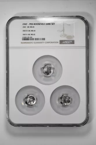 1947 P D S 10c Silver Roosevelt Dime Set NGC MS 65 Three Coin Lot