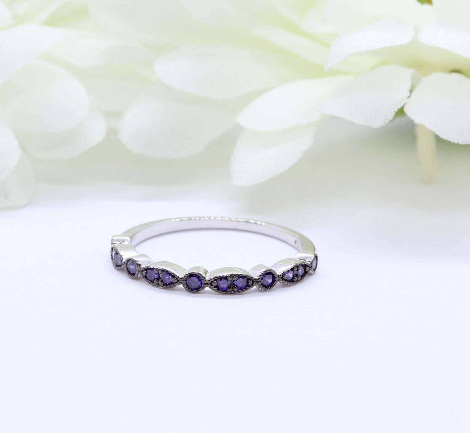 0.7ct Purple Amethyst Wedding Band Ring Half Eternity 925 Sterling Silver