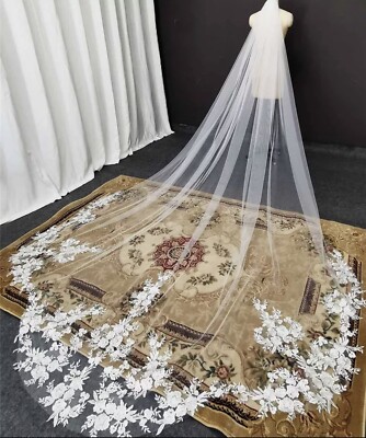 Brautschleier royal Länge 3m breit Schleier elfenbein 1T Luxus Blumen Pailletten Spitzenrand