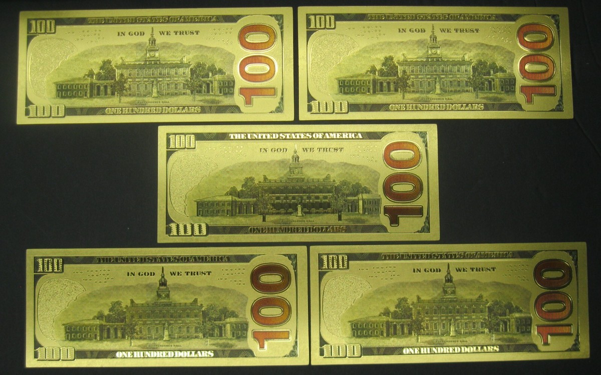 5 New Style Blue Stripe GOLD 24K 100 Dollar Novelty Bills Sharp