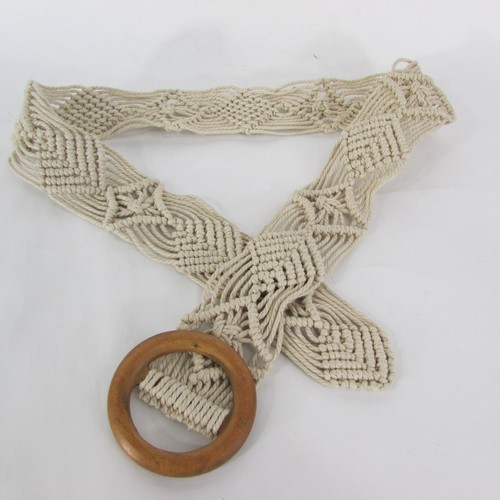 Women Beige White Brown Knited Braided Fabric Fashion Belt Round Wood Buckle S M - 第 26/47 張圖片