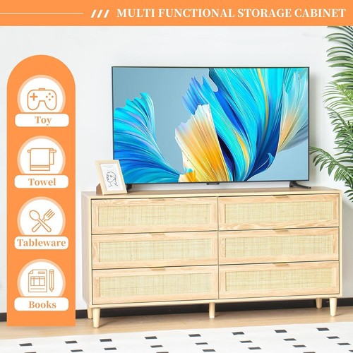 Rattan Dresser TV Stand for Bedroom with 6 Drawers 59.06'' Long Dresser - Picture 31 of 41