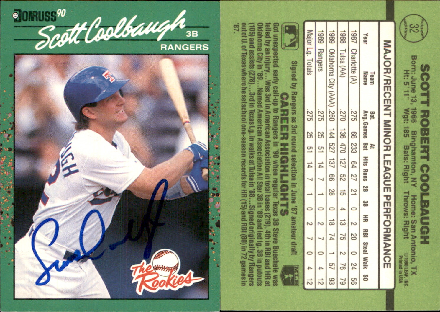Scott Coolbaugh Signed 1990 Donruss The Rookies #32 Card Texas Rangers Auto AU