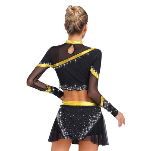 Women Dancing Cheer Squad Costume Long Sleeve Cheer Leader Shiny Dancewear Mesh - Foto 57 di 85