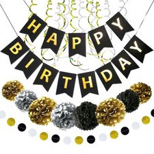 Happy Birthday Banner Party Decorations - Black Gold Decor Supplies Kit for Kids