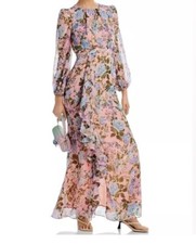 NWT Eliza J Blush Pink Floral Print Chiffon Cascade Long Sleeve Maxi Dress Sz 6