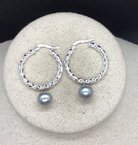 Sterling Silver 925 Twist Design Gray Pearl Hoop Earrings LL766 - Picture 1 of 3