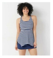 Denim & Co 14 Beach Handkerchief Hem Tankini Skirt Swim Set Navy Stripe QVC 4396