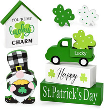 St. Patrick's Day Green Truck Gnome Wooden Block Sign and Decor