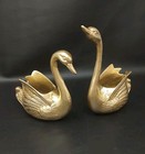 Vintage Pair Of Brass Swan Planters 7.5" Mcm Art Deco Style